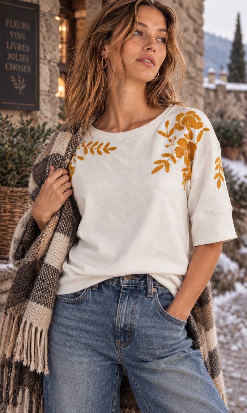 Maeve by Anthropologie Vineland Embroidered Sweatshirt Ivory Gold Medium